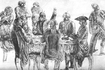 Le caf&eacute; Procope au XVIIIe si&egrave;cle.Au second plan, de gauche &agrave; droite&nbsp;: Condorcet, La Harpe, Voltaire et Diderot.